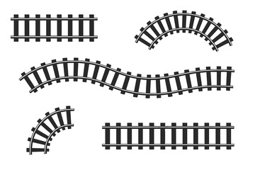 Vector railroad railway tracks construction elements, wavy curved and straight trackway structure for train traffic, transportation infrastructure illustration with transparent background