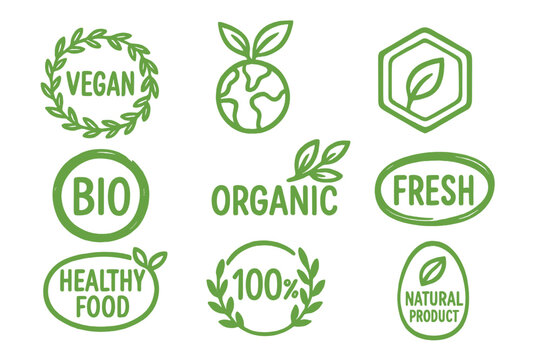 Vegan Eco Bio Organic Fresh Healthy 100 Percent Natural Food Emblems, Natural Product Badges, Cafe Logos, Tags, Labels, Packaging Vector Illustration