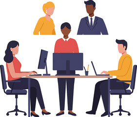 Diverse Team Working Together at Desks with Computers and Laptops.