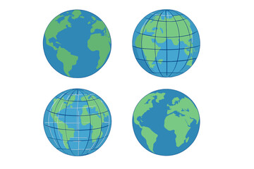 Globe collection set vector illustration. Planet Earth with continents and grid. World map icons for global business, travel, and geography concepts. Simple flat design.