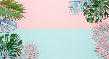 Exotic Leaf Frame on a Split Pastel Pink and Blue Surface.