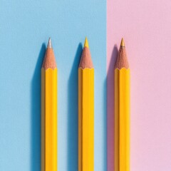 Three yellow pencils stand against a blue and pink background, casting shadows