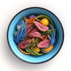 Vibrant, colorful bowl of sliced steak, vibrant vegetables, and edible flowers