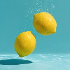 Two bright yellow citrus fruits submerged in aqua water with light reflections