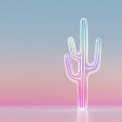 Obraz premium Illuminated cactus with a neon outline glows on a pastel gradient background, reflecting light