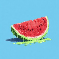 A vibrant watercolor slice of watermelon with green, drippy "slime" against a blue backdrop
