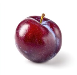 Close-up of a single, ripe plum, deep crimson red with subtle bluish-purple hues, smooth skin, and a stem.  Isolated against a pure white background