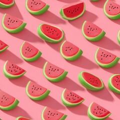 Repeating pattern of watermelon slices on a pink background, casting shadows