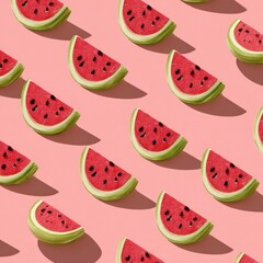 A repeating pattern of watermelon slices on a pastel pink background