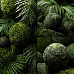 Composite shot of lush green spheres with ferns, and tropical leaves. Close-up texture