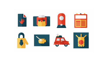 Illustration of various icons including a document, food container, and a red car, all in a flat style