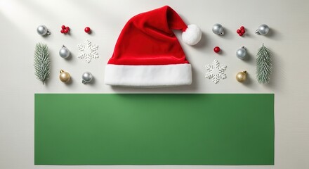 Festive Christmas Arrangement with Santa Hat and Ornaments on White Surface.