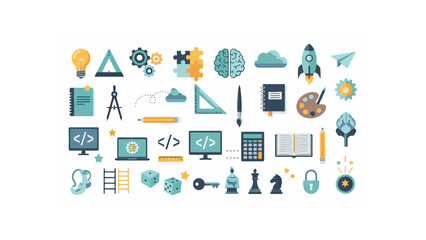 Illustration of various education and learning icons including coding and art supplies and chess pieces