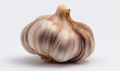 Close-up of a single head of garlic.  Its papery, light brown and beige skin shows intricate patterns, with a bulbous, rounded shape.  A subtle shadow highlights its texture