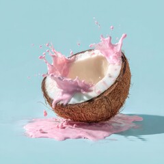 Half coconut erupts with vibrant pink liquid, against a light blue background