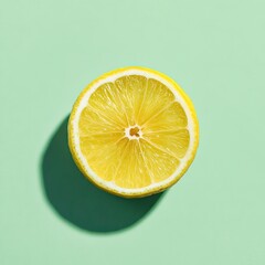 Close-up of a halved, ripe lemon on a light green surface, casting a shadow