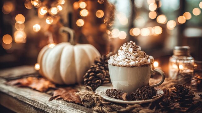 Cozy Autumn Scene with Coffee Cup, Pumpkin, Pine Cones, and Twinkling Fairy Lights Enhancing the Warm Atmosphere of Fall - Powered by Adobe