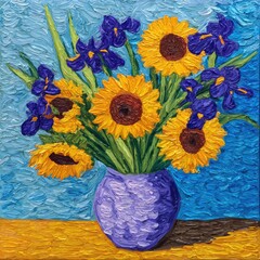 Vibrant still life of sunflowers and irises in a vase