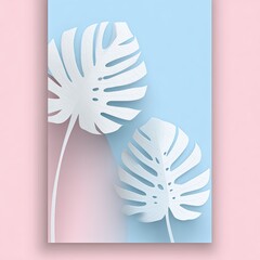 Two white Monstera leaves with shadow against a blue/pink backdrop