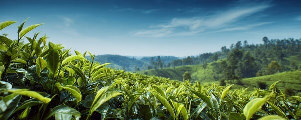 Lush green tea leaves stretch towards a vibrant blue sky, set against rolling hills, creating a serene landscape full of nature's beauty.