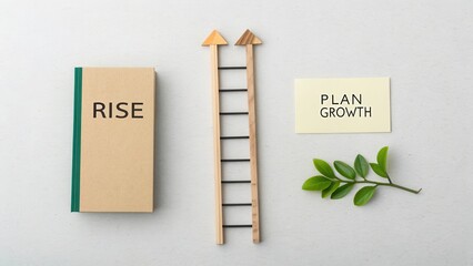 Growth Strategy Elements with Book, Ladder, and Plant Representing Rise, Plan, and Sustainable Development Concepts