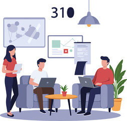 Three colleagues collaborating seated on armchairs using laptops one woman standing holding documents.