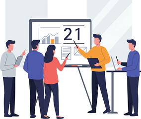 Business Team Presentation with Charts and Data on Whiteboard.