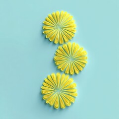 Three stylized, yellow flower arrangements, constructed of petals, against a soft, aqua backdrop