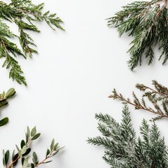 Overhead shot of various green foliage arranged around white space, minimalist composition