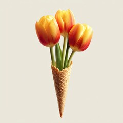 Three orange-yellow tulips with green stems sit in a waffle cone against a cream backdrop
