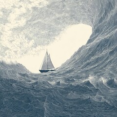 A small sailboat navigates through a tumultuous sea, framed by a dramatic wave tunnel