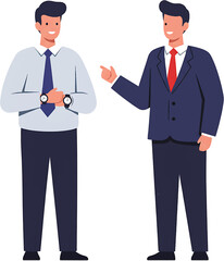 Two Smiling Businessmen in Suits Pointing and Checking Time.