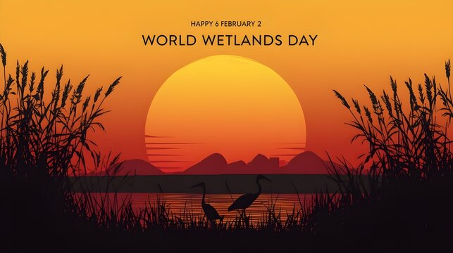 World Wetlands Day design. It features a lake with plant and animal. Vector illustration