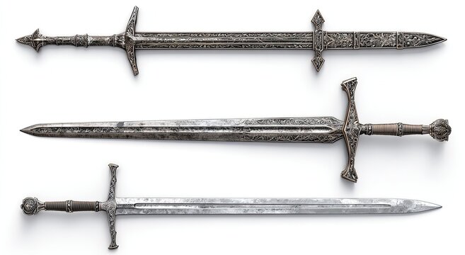 Three antique-style swords arranged horizontally.  Each sword exhibits a  decorative hilt and a beveled blade