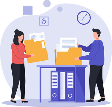 Two Business Professionals Handling Files in Office Setting.