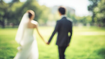 Fototapeta premium A couple in wedding attire holds hands, walking in a blurred, green outdoor setting, symbolizing love and commitment.