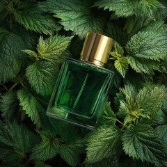 Green perfume bottle with a gold cap sits amidst lush green leafy foliage