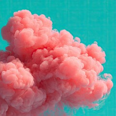 A vibrant explosion of fluffy, pink smoke against a contrasting turquoise background