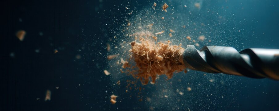 A close-up image of a drill bit creating wood shavings, surrounded by a dynamic burst of particles against a dark background.