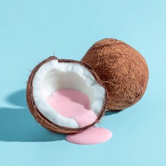 A cracked coconut reveals a pink liquid, next to an intact one, against a blue background