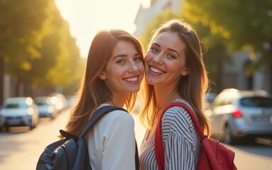 On a bright summer day, two female student friends turn around on their way home from school and smile brightly while looking at the camera. Generative AI. High quality