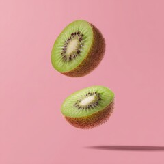 Two kiwi halves, cut side up, float against a solid pink background. A shadow is cast