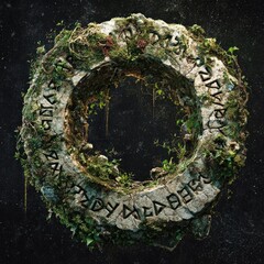 Circular stone ring, overgrown with moss and vines, set against a starry backdrop.  Etched symbols are visible on the stone