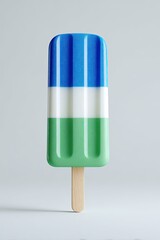 A refreshing popsicle, striped in blue, white, and green, stands centered on a white surface