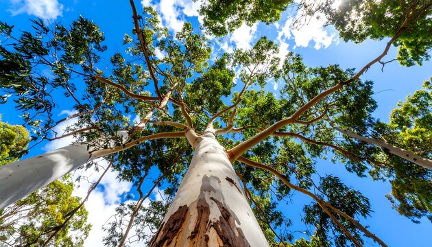 Upward view of eucalyptus trees