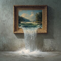 Waterfall cascading from framed landscape painting