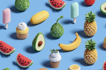 Playful, patterned arrangement featuring stylized, colorful food items against a light blue backdrop