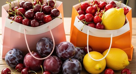 Fresh fruit overflowing from vibrant shopping bags on a rustic w