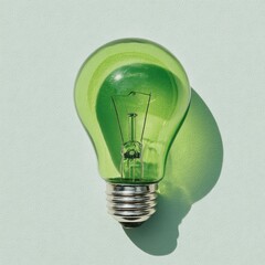 A green-tinted lightbulb casts a shadow on a pale green surface. Focus is on the bulb's details