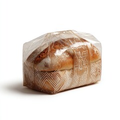A loaf of artisan bread in clear plastic packaging